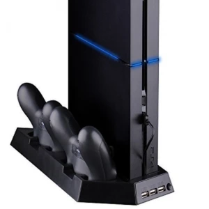 4 v 1 vertikálny stojan PS4 s ventilátorom, USB hubom a nabíjačkou pre 2 ovládače