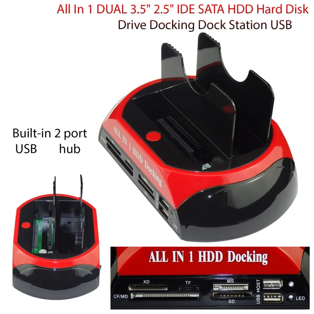 Caja externa para discos duros IDE y SATA con hub USB y lector de tarjetas
