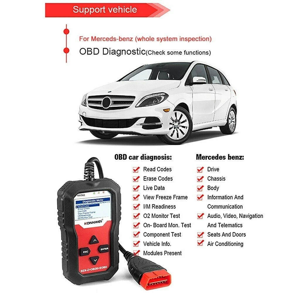 Diagnostický skener Mercedes Benz Konnwei KW360 12V kompletný systém