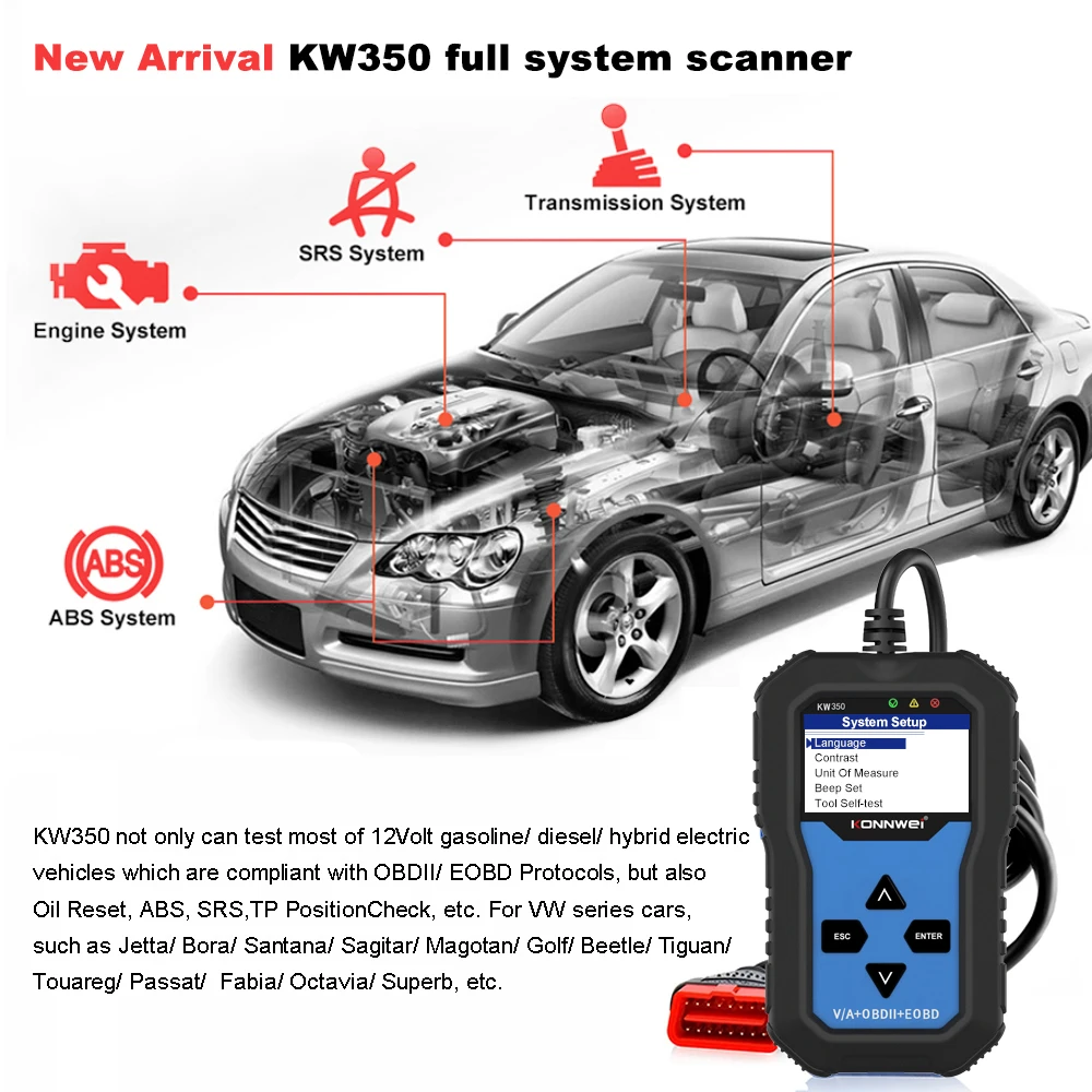 Konnwei KW350 diagnostický skener pre kompletný systém VW Audi Seat Skoda