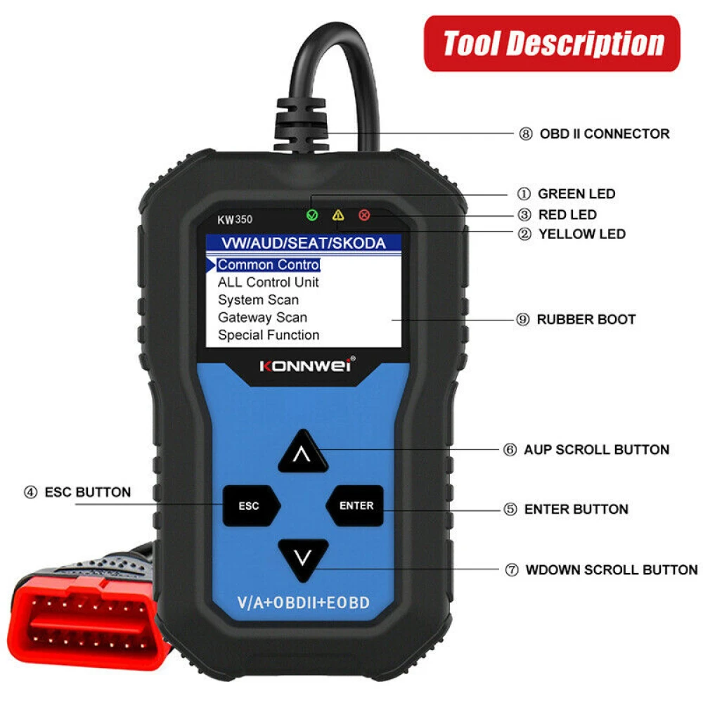 Konnwei KW350 diagnostický skener pre kompletný systém VW Audi Seat Skoda