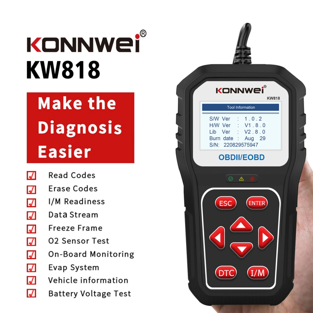 KONNWEI KW818 OBD2 skener: čítačka chýb OBDII pre autá od 1996