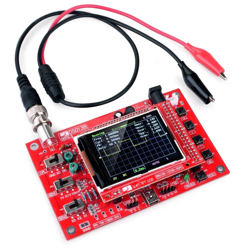 Digitálny osciloskop DSO138 zostavený s 2.4-palcovým TFT displejom a sondou