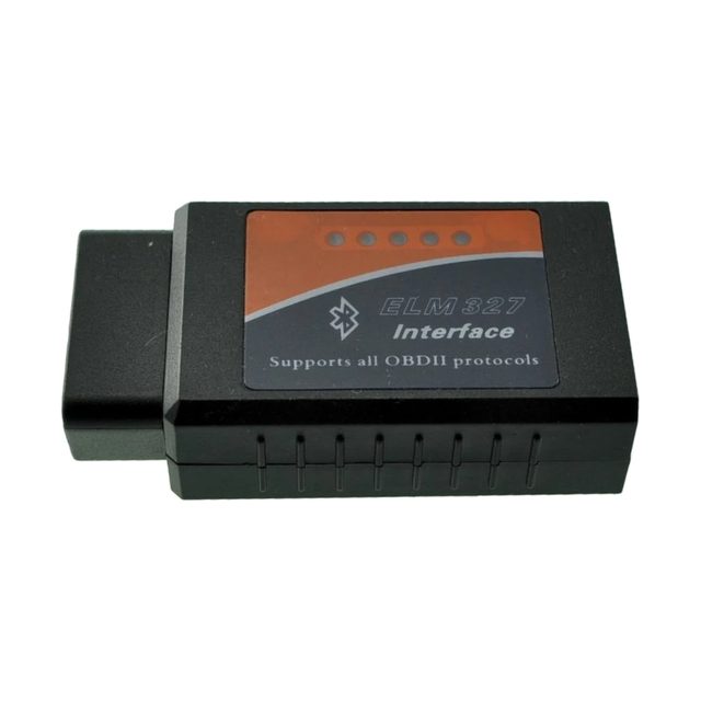 Čierny OBD2 adaptér ELM327 Bluetooth v1.5 s oranžovým štítkom a 16-pinovým konektorom