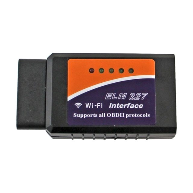 Čierny OBD2 adaptér ELM327 Wi-Fi s oranžovým štítkom